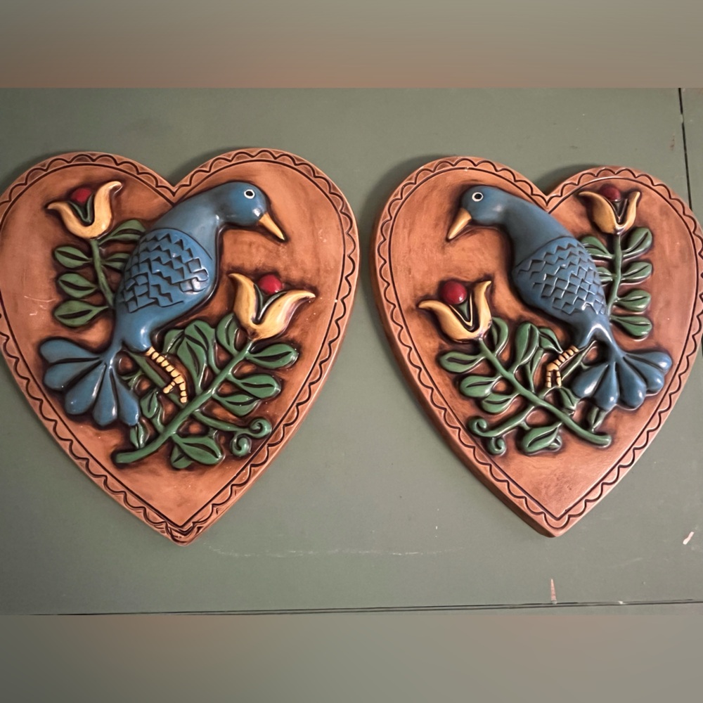 Heart-Shaped Bird Wall Decor - Blue Bird with Flowers, Vintage 1967 set of 2